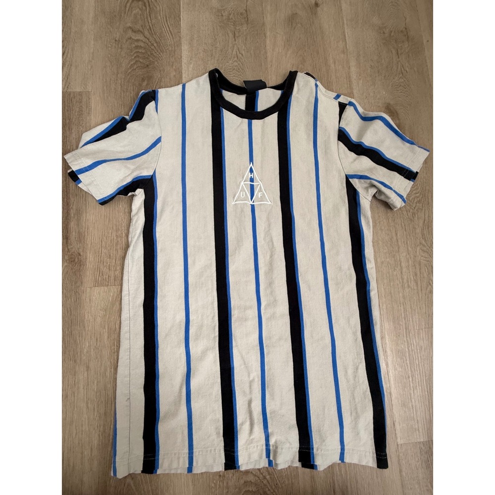 HUF Mens Vertical Stripe Triple Triangle Logo T-Shirt Grey Blue Black Size M
